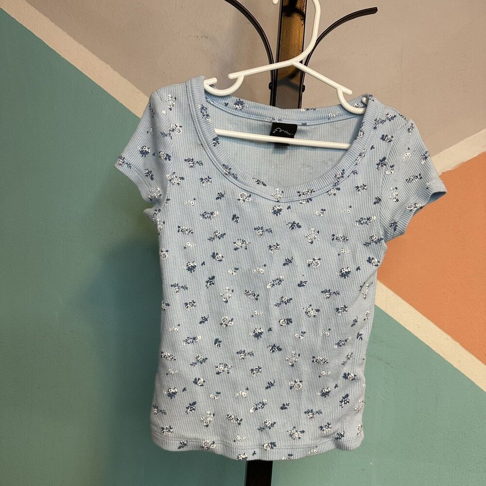 Art Class Girls Small 6/7‎ Light Blue Floral Ribbed Round Neck